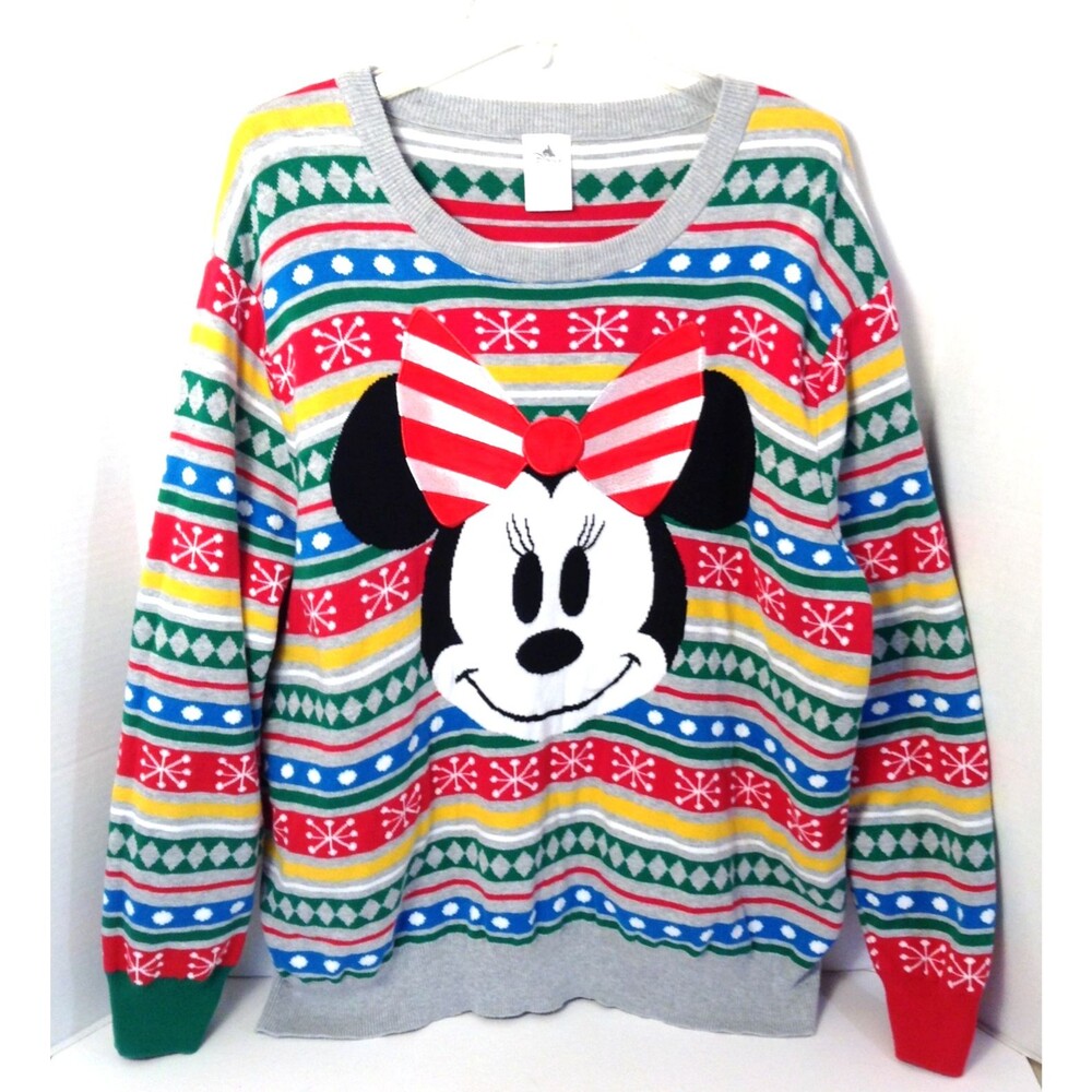 Disney Ugly Christmas Sweater 2X Minnie Mouse Embroidered All Over Print Holiday